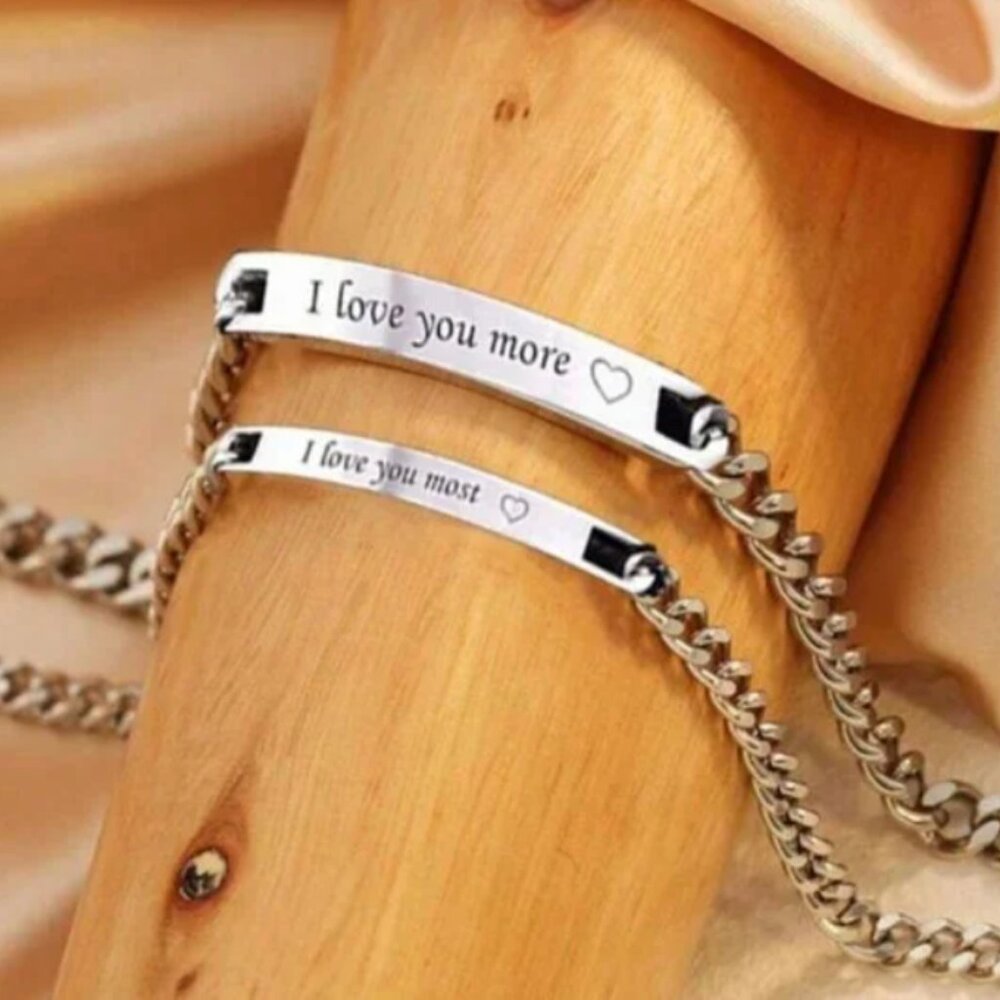 2 Set Titanium Steel Engraved "I Love You More/ I Love You Most Couple Bracelets - Picture 2 of 5